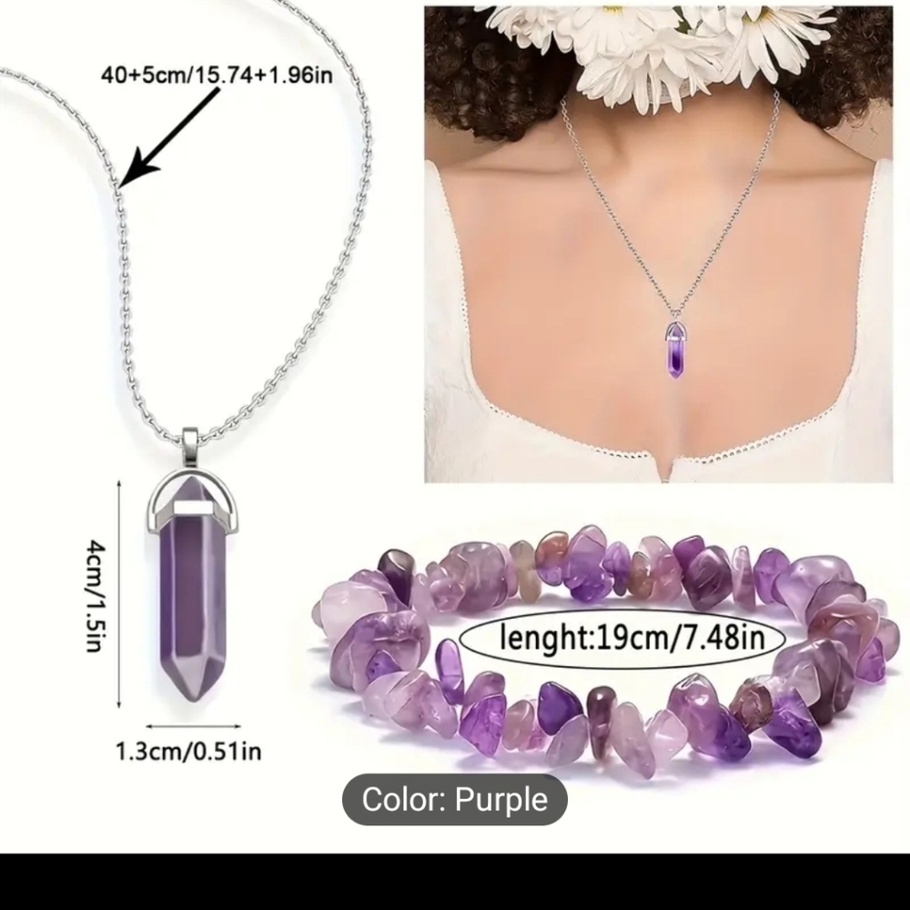 2pcs Amethyst Gemstone Jewelry Set - Luxury Necklace, Hexagonal Column Amethyst